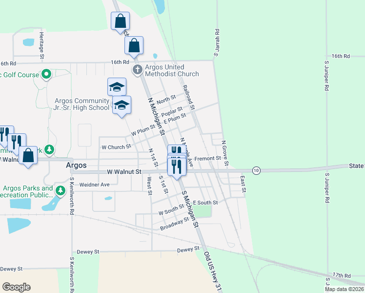 map of restaurants, bars, coffee shops, grocery stores, and more near 211-227 North Maple Avenue in Argos