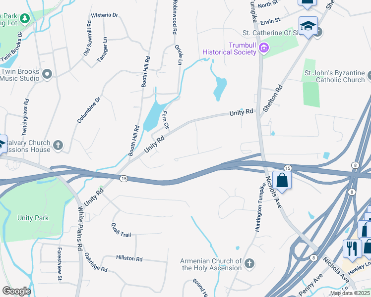 map of restaurants, bars, coffee shops, grocery stores, and more near 251 Unity Road in Trumbull