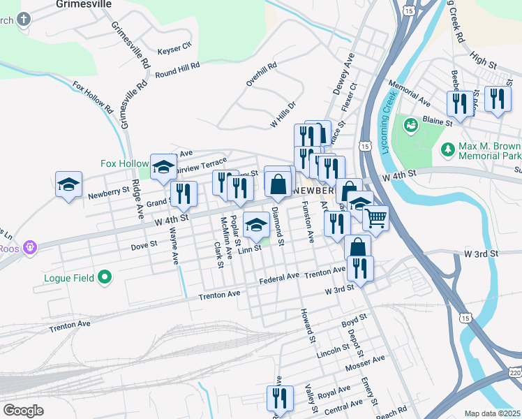 map of restaurants, bars, coffee shops, grocery stores, and more near 2214 West 4th Street in Williamsport