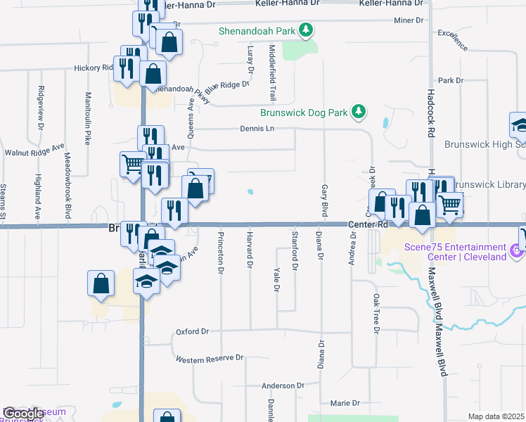 map of restaurants, bars, coffee shops, grocery stores, and more near 4115 Center Road in Brunswick