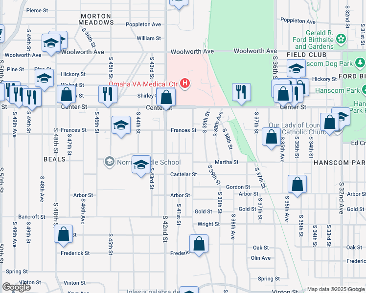 map of restaurants, bars, coffee shops, grocery stores, and more near 2111 South 41st Street in Omaha