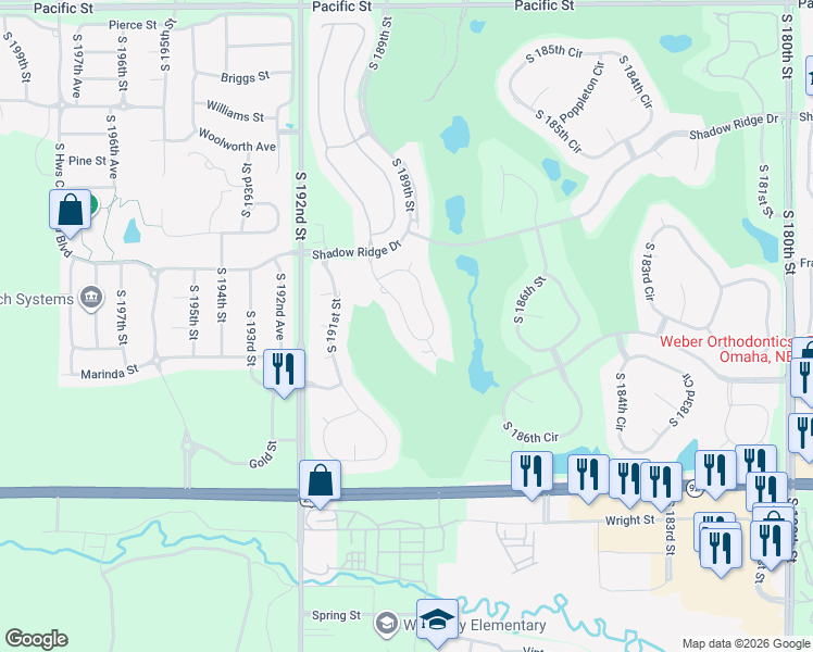 map of restaurants, bars, coffee shops, grocery stores, and more near 2124 South 190th Circle in Omaha