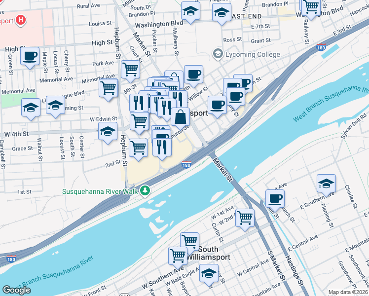map of restaurants, bars, coffee shops, grocery stores, and more near 100 Pine Street in Williamsport