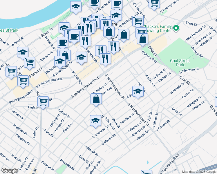 map of restaurants, bars, coffee shops, grocery stores, and more near 19 Park Avenue in Wilkes-Barre