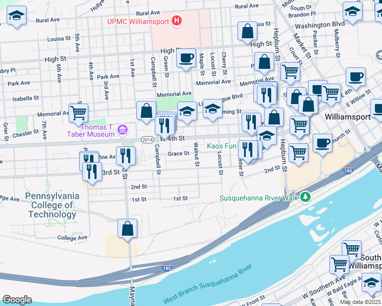 map of restaurants, bars, coffee shops, grocery stores, and more near 708 Grace Street in Williamsport