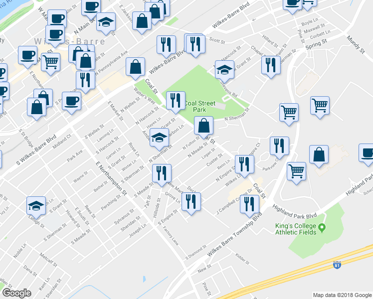 map of restaurants, bars, coffee shops, grocery stores, and more near 122 North Meade Street in Wilkes-Barre