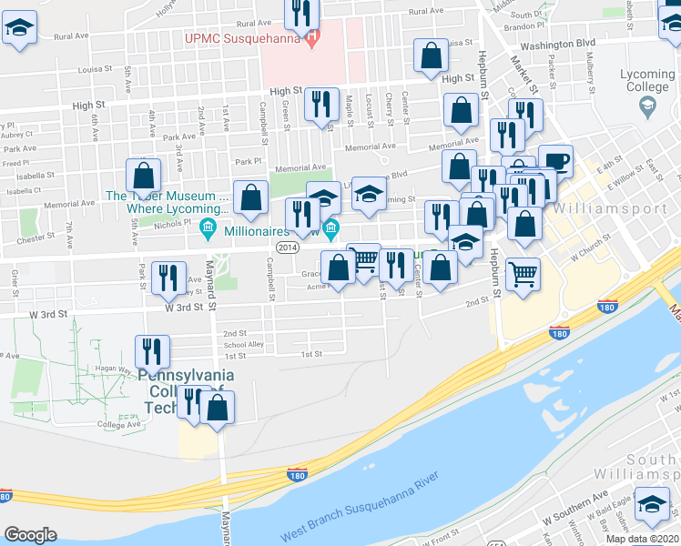 map of restaurants, bars, coffee shops, grocery stores, and more near 324 Walnut Street in Williamsport