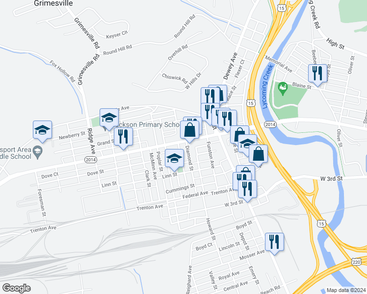 map of restaurants, bars, coffee shops, grocery stores, and more near 843 Diamond Street in Williamsport