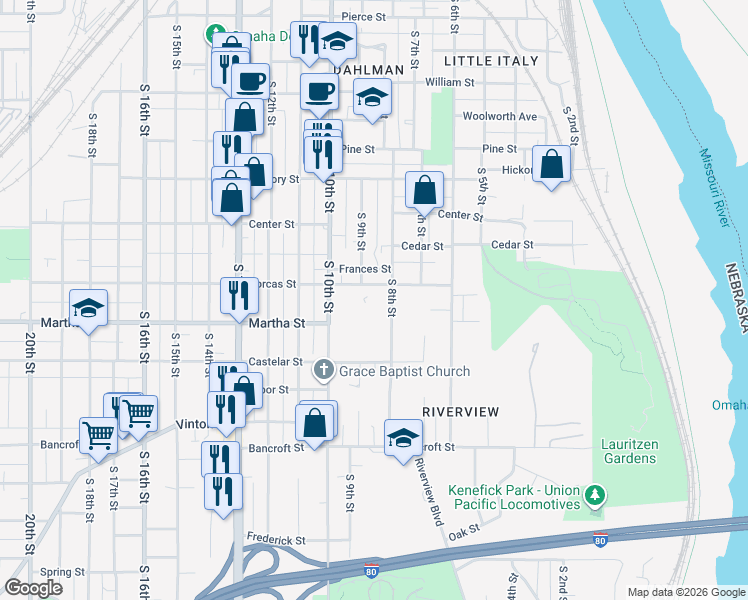 map of restaurants, bars, coffee shops, grocery stores, and more near 815 Dorcas Street in Omaha