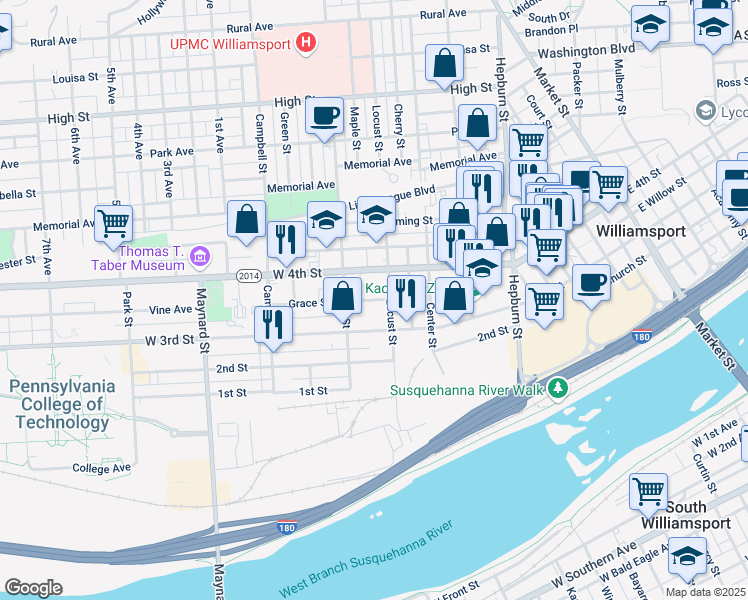 map of restaurants, bars, coffee shops, grocery stores, and more near 635 Grace Street in Williamsport