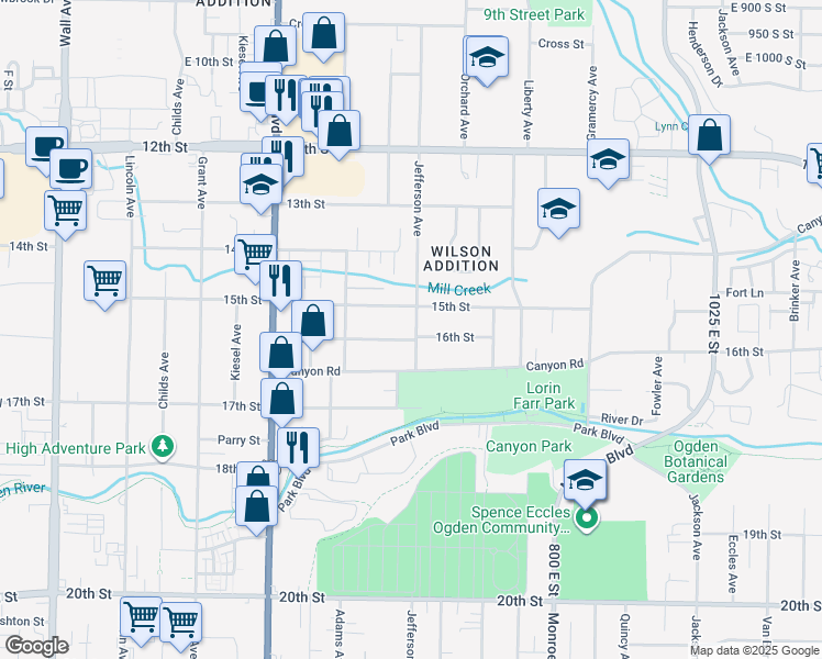 map of restaurants, bars, coffee shops, grocery stores, and more near 1529 Jefferson Avenue in Ogden