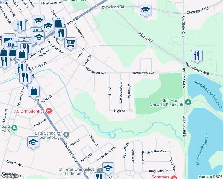 map of restaurants, bars, coffee shops, grocery stores, and more near 14 Pitt Street in Norwalk
