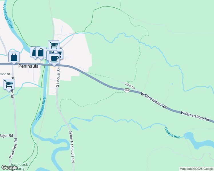 map of restaurants, bars, coffee shops, grocery stores, and more near Ohio 303 in Peninsula