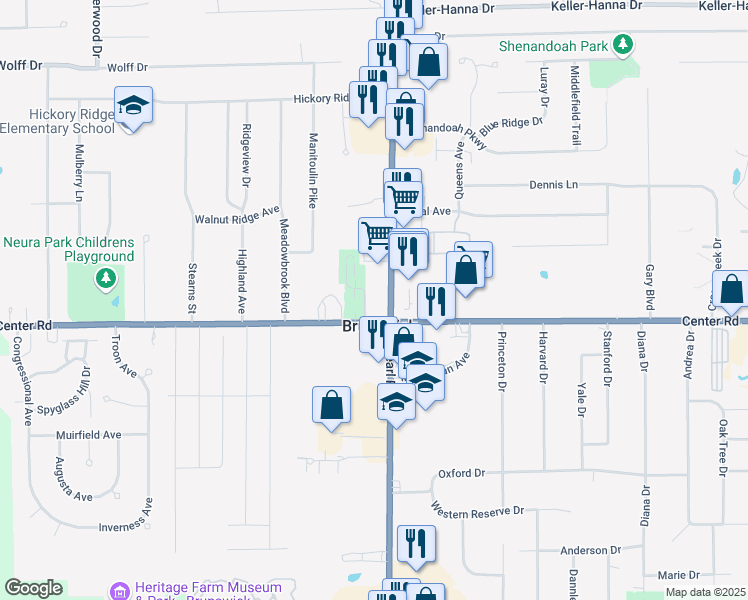 map of restaurants, bars, coffee shops, grocery stores, and more near 1344 Pearl Road in Brunswick