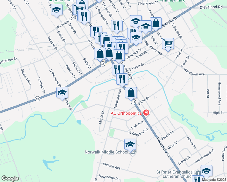 map of restaurants, bars, coffee shops, grocery stores, and more near 12 Oak Street in Norwalk