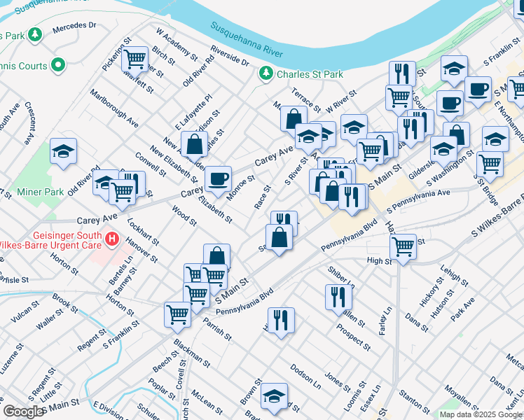 map of restaurants, bars, coffee shops, grocery stores, and more near 533 South River Street in Wilkes-Barre