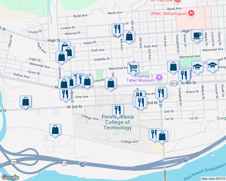map of restaurants, bars, coffee shops, grocery stores, and more near in Williamsport