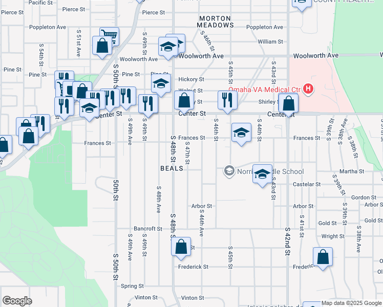 map of restaurants, bars, coffee shops, grocery stores, and more near 2125 South 47th Street in Omaha