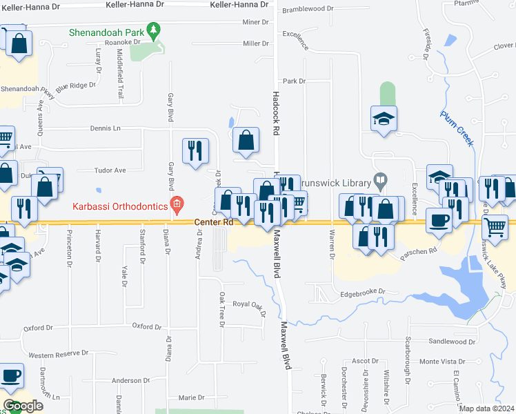 map of restaurants, bars, coffee shops, grocery stores, and more near 3881 Center Road in Brunswick