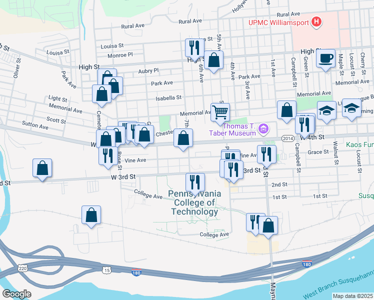 map of restaurants, bars, coffee shops, grocery stores, and more near in Williamsport