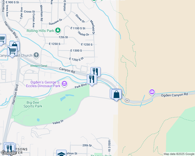 map of restaurants, bars, coffee shops, grocery stores, and more near 1700 East 1470 South in Ogden