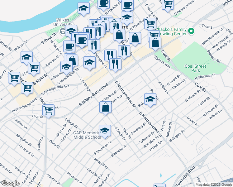 map of restaurants, bars, coffee shops, grocery stores, and more near 101-123 South Welles Street in Wilkes-Barre