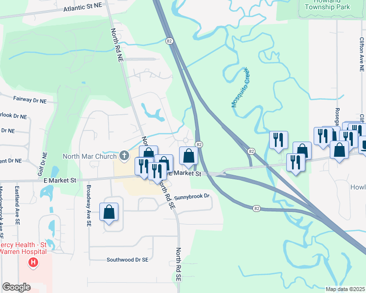 map of restaurants, bars, coffee shops, grocery stores, and more near 359 Quarry Lane Northeast in Warren