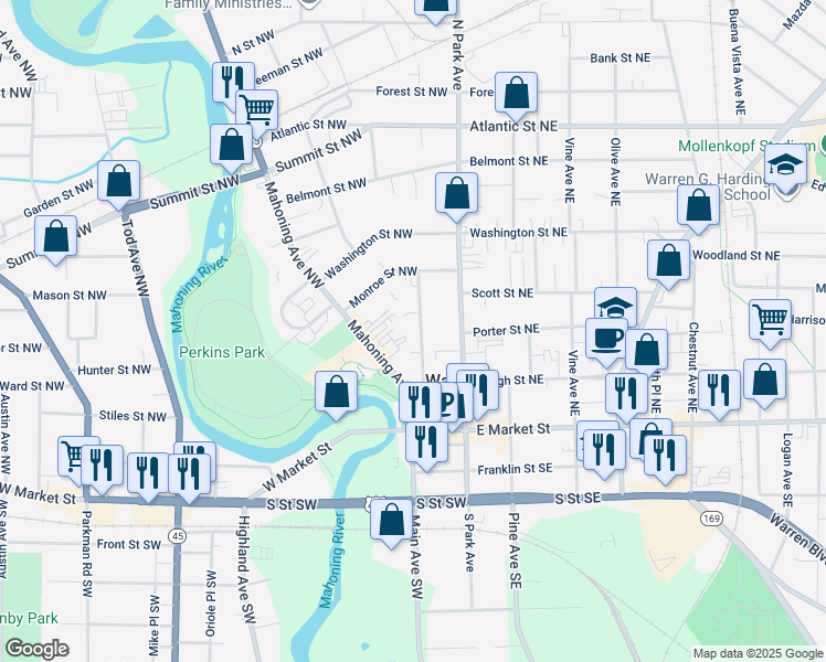 map of restaurants, bars, coffee shops, grocery stores, and more near in Warren