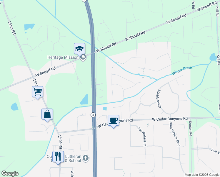 map of restaurants, bars, coffee shops, grocery stores, and more near 1717 West Shoaff Road in Huntertown