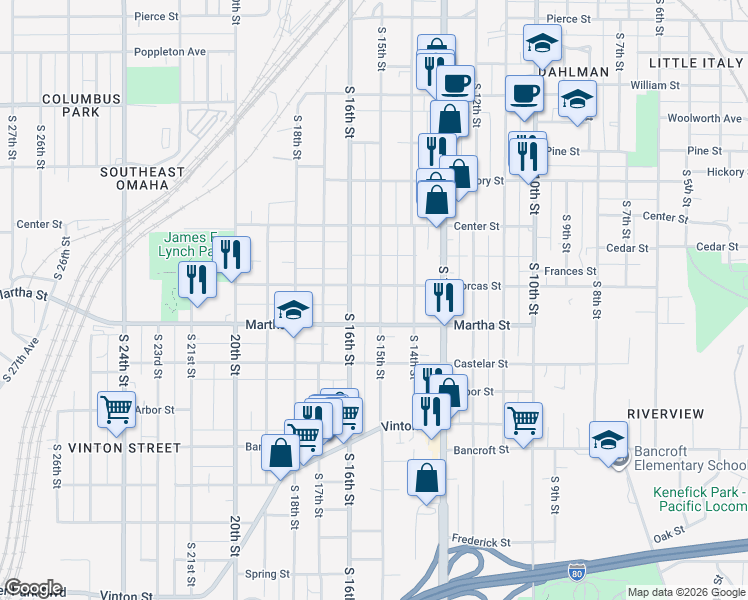 map of restaurants, bars, coffee shops, grocery stores, and more near 1515 Dorcas Street in Omaha
