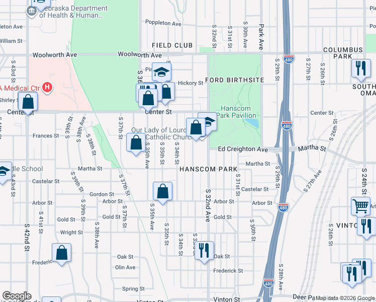 map of restaurants, bars, coffee shops, grocery stores, and more near 2115 South 34th Street in Omaha