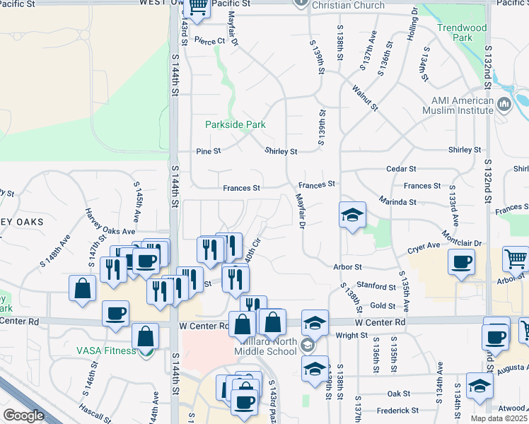 map of restaurants, bars, coffee shops, grocery stores, and more near 14021 Marinda Plaza in Omaha