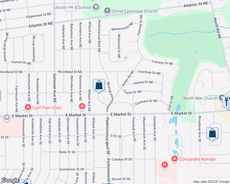 map of restaurants, bars, coffee shops, grocery stores, and more near 325 Foster Drive Northeast in Warren