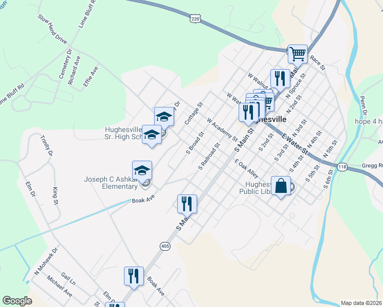 map of restaurants, bars, coffee shops, grocery stores, and more near 176 Cemetery Street in Hughesville
