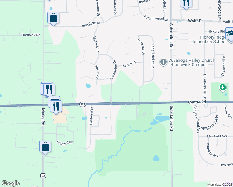 map of restaurants, bars, coffee shops, grocery stores, and more near 1277 Terrington Drive in Brunswick