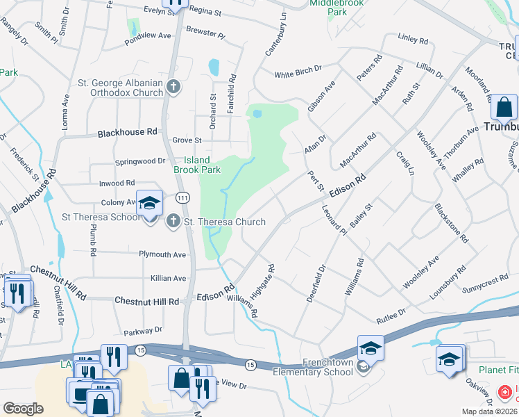 map of restaurants, bars, coffee shops, grocery stores, and more near 43 Woodridge Cir in Trumbull