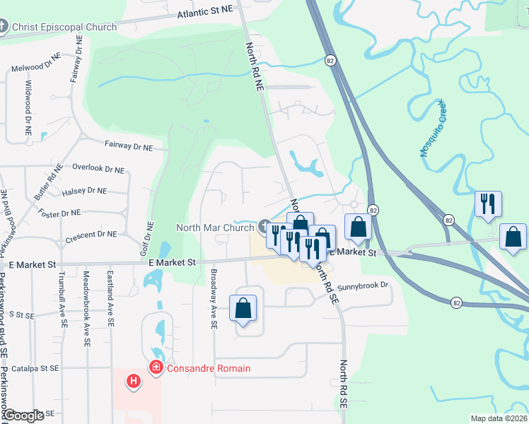 map of restaurants, bars, coffee shops, grocery stores, and more near 319 North Road Northeast in Niles