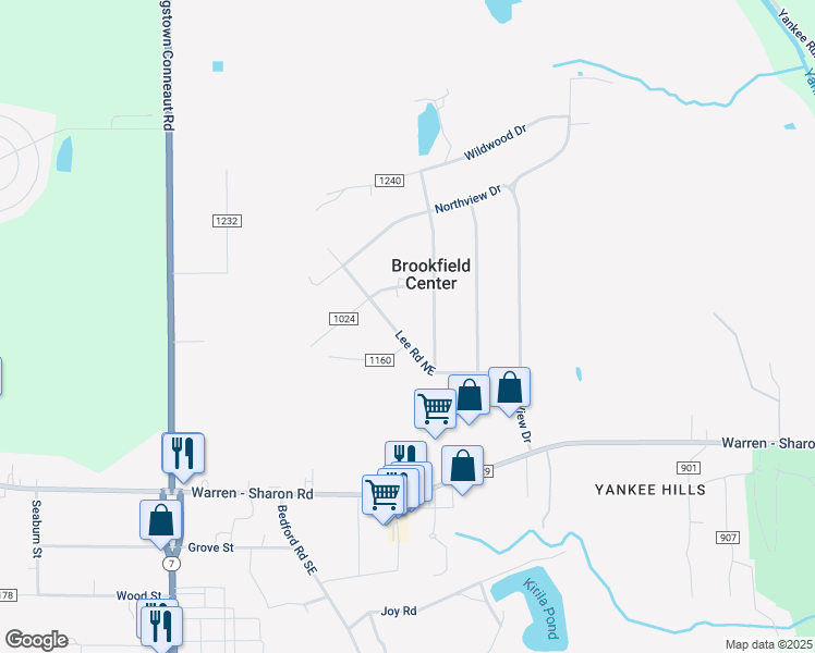 map of restaurants, bars, coffee shops, grocery stores, and more near 7185 Lee Road Northeast in Brookfield Center
