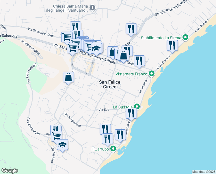 map of restaurants, bars, coffee shops, grocery stores, and more near 101 Via Poniatowskj in San Felice Circeo