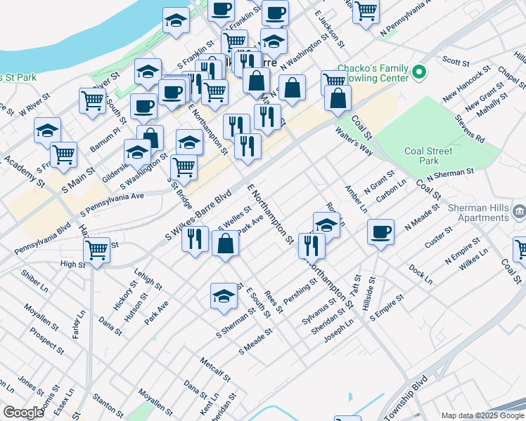 map of restaurants, bars, coffee shops, grocery stores, and more near 219 East Northampton Street in Wilkes-Barre