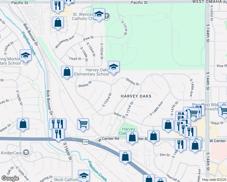 map of restaurants, bars, coffee shops, grocery stores, and more near 15251 Shirley Street in Omaha