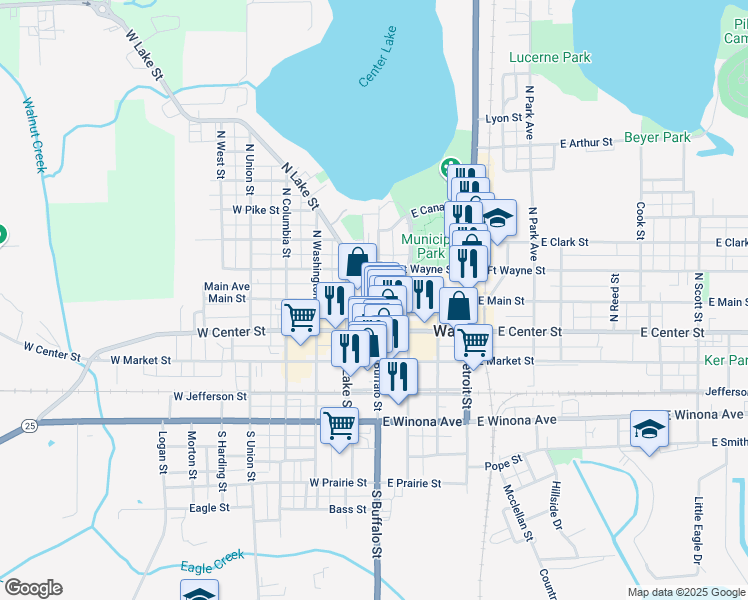 map of restaurants, bars, coffee shops, grocery stores, and more near 113 West Main Street in Warsaw