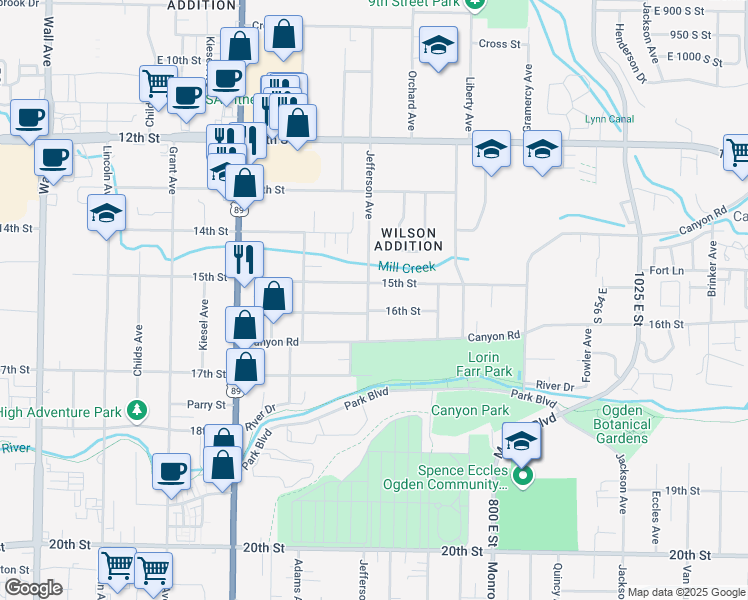 map of restaurants, bars, coffee shops, grocery stores, and more near 591 15th Street in Ogden