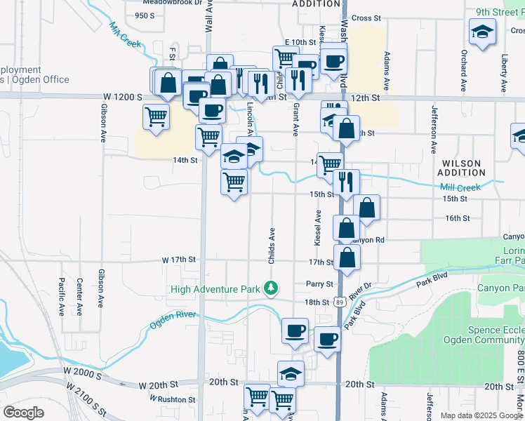 map of restaurants, bars, coffee shops, grocery stores, and more near 219 15th Street in Ogden