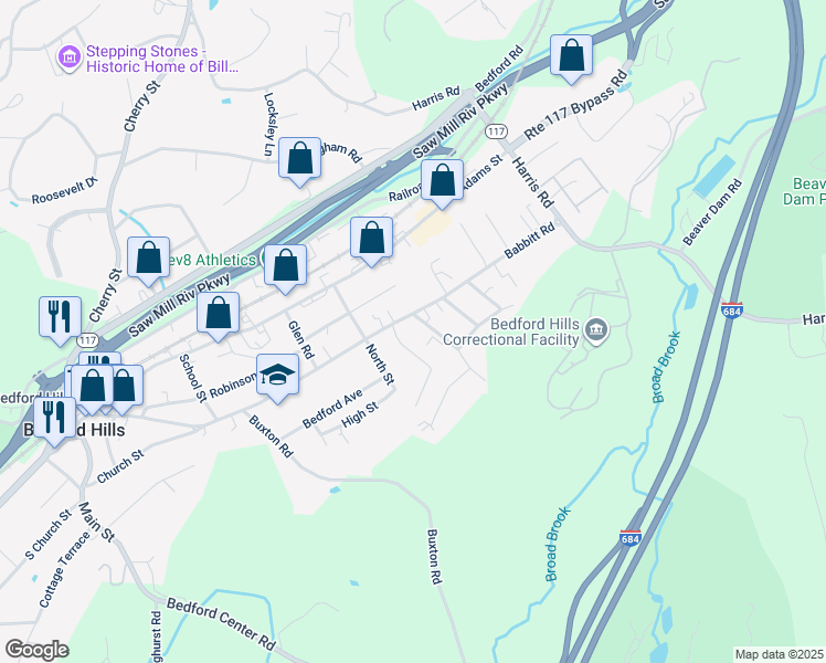 map of restaurants, bars, coffee shops, grocery stores, and more near 201 Babbitt Road in Bedford Hills