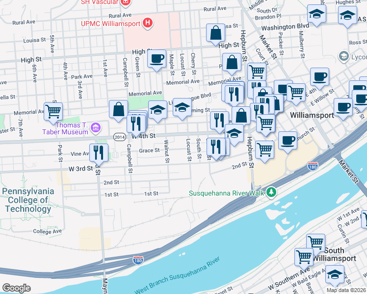 map of restaurants, bars, coffee shops, grocery stores, and more near 619 West 4th Street in Williamsport