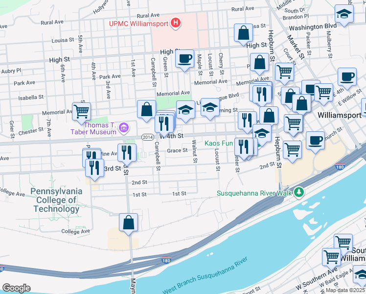 map of restaurants, bars, coffee shops, grocery stores, and more near 709 Rowley Place in Williamsport