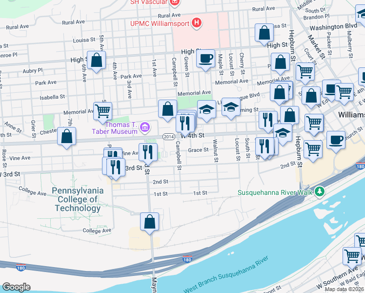 map of restaurants, bars, coffee shops, grocery stores, and more near 755 West 4th Street in Williamsport