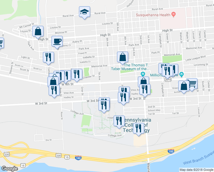 map of restaurants, bars, coffee shops, grocery stores, and more near in Williamsport