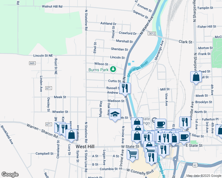 map of restaurants, bars, coffee shops, grocery stores, and more near 344 Russell Street in Sharon